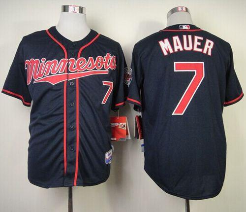 Twins #7 Joe Mauer Stitched Navy Blue Cool Base MLB Jersey - Click Image to Close